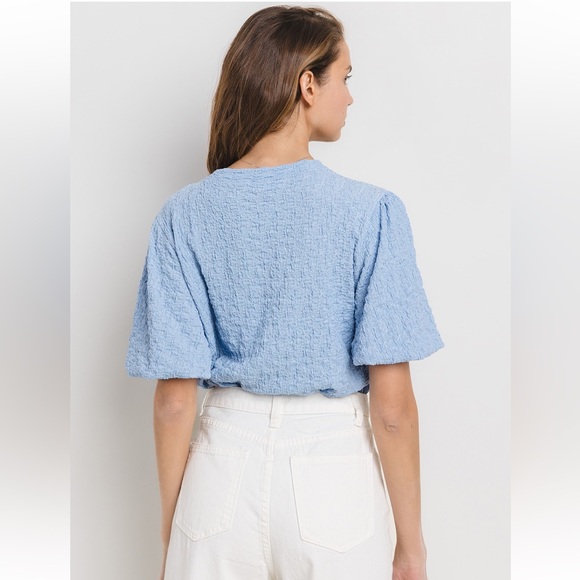 19 Solid Textured Puff Sleeve Blouse Top - Picture 5 of 6